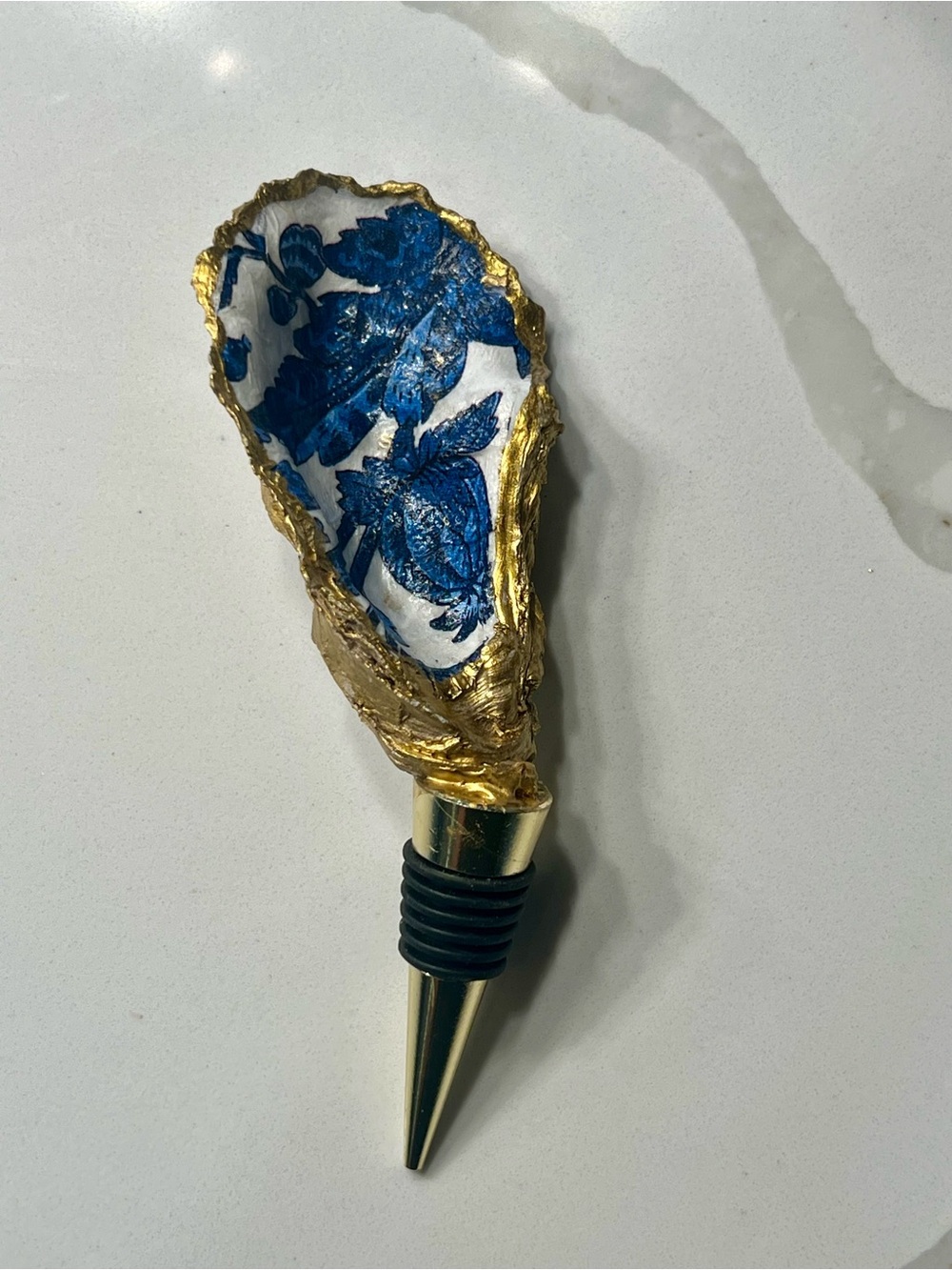 Handcrafted Blue & Gold Oyster Shell Wine Stopper
